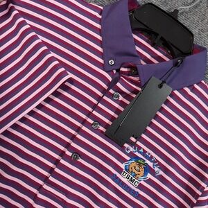 Greyson‎ Polo Shirt Mens Medium Purple Pink Stripe Okena USMC Quantum Salutes